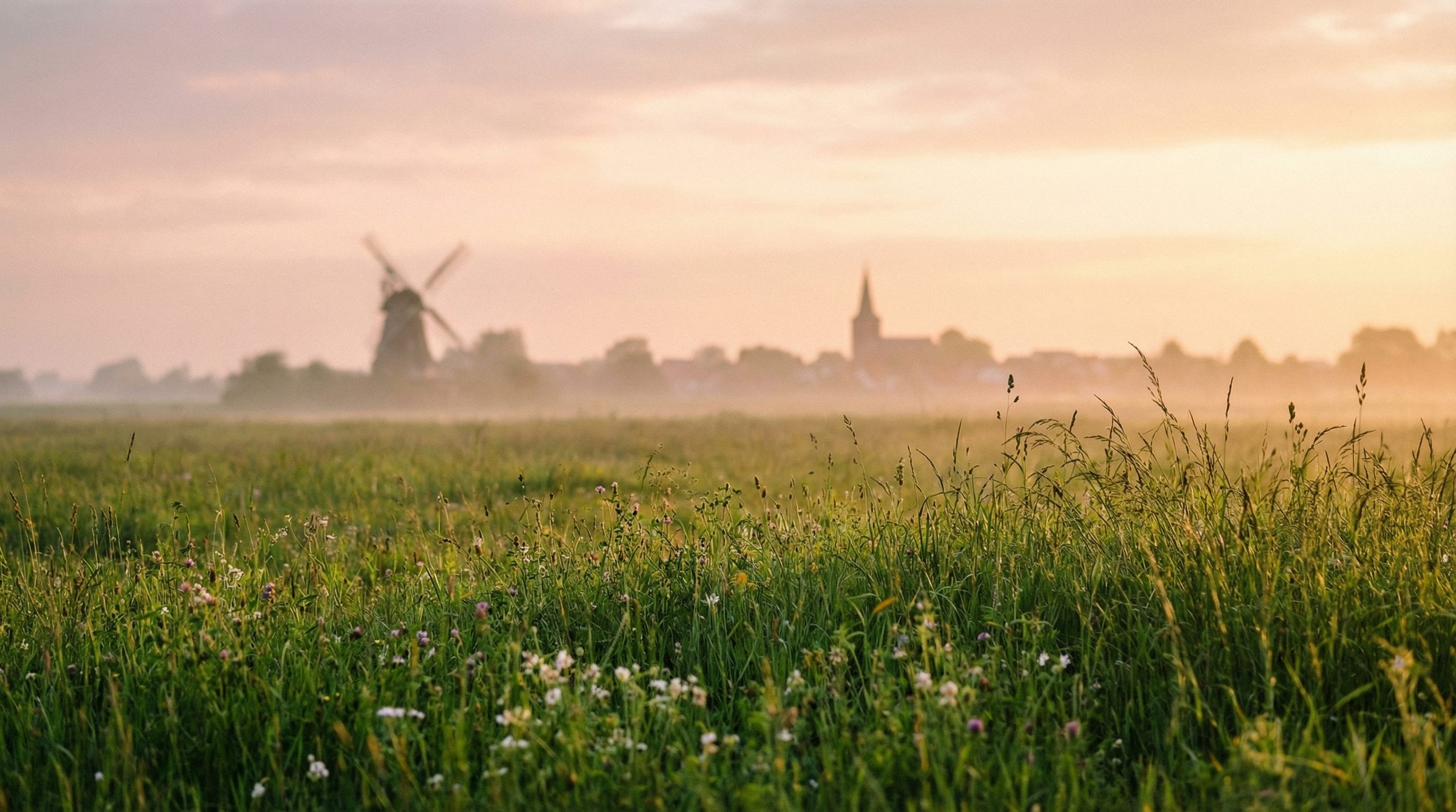 Nebliger Sonnenaufgang über einer Wiese mit Windmühle und Kirchturm im Wittlager Land