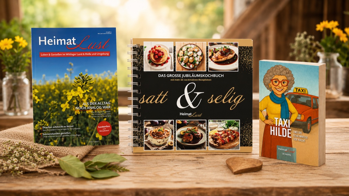 Illustration mit Heimatlust-Magazinen, Kochbüchern und dem Taschenbuch „Taxi Hilde“